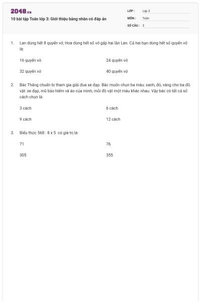 10 bài tập Toán lớp 3: Giới thiệu bảng nhân có đáp án