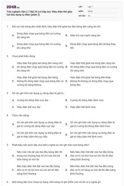 Trắc nghiệm Vật Lí 7 Bài 26 (có đáp án): Hiệu điện thế giữa hai đầu dụng cụ điện (phần 2)