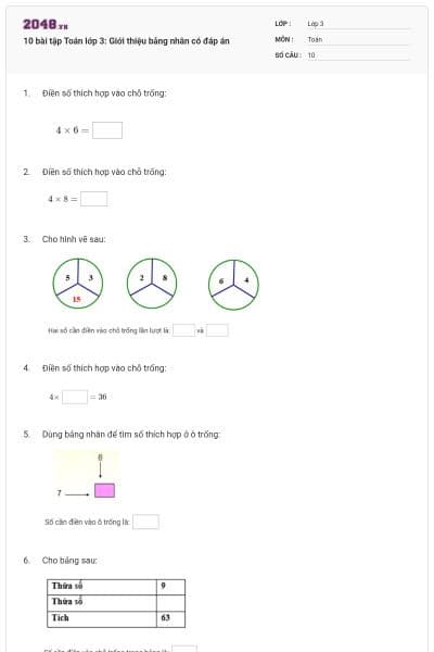 10 bài tập Toán lớp 3: Giới thiệu bảng nhân có đáp án