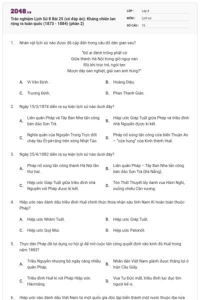 Trắc nghiệm Lịch Sử 8 Bài 25 (có đáp án): Kháng chiến lan rộng ra toàn quốc (1873 - 1884) (phần 2)