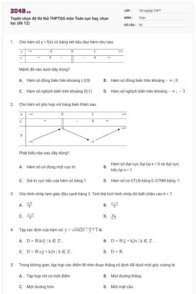 Tuyển chọn đề thi thử THPTQG môn Toán cực hay, chọn lọc (đề 12)