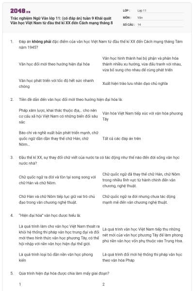 Trắc nghiệm Ngữ Văn lớp 11: (có đáp án) tuần 9 Khái quát Văn học Việt Nam từ đầu thế kỉ XX đến Cách mạng tháng 8