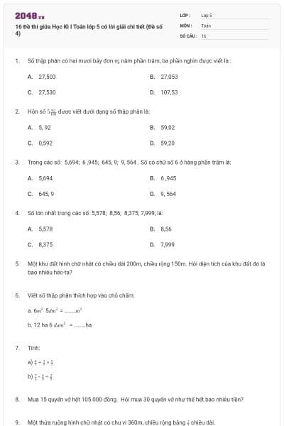 16 Đề thi giữa Học Kì I Toán lớp 5 có lời giải chi tiết (Đề số 4)