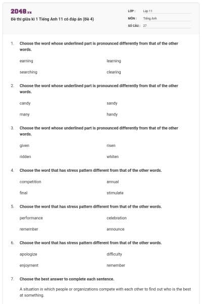 Đề thi giữa kì 1 Tiếng Anh 11 có đáp án (Đề 4)