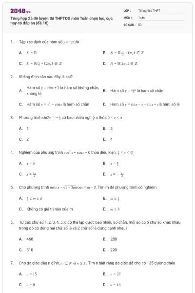 Tổng hợp 25 đề luyện thi THPTQG môn Toán chọn lọc, cực hay có đáp án (đề 16)