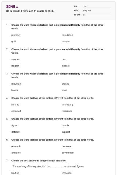 Đề thi giữa kì 1 Tiếng Anh 11 có đáp án (Đề 5)