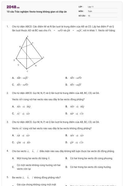 10 câu Trắc nghiệm Vectơ trong không gian có đáp án