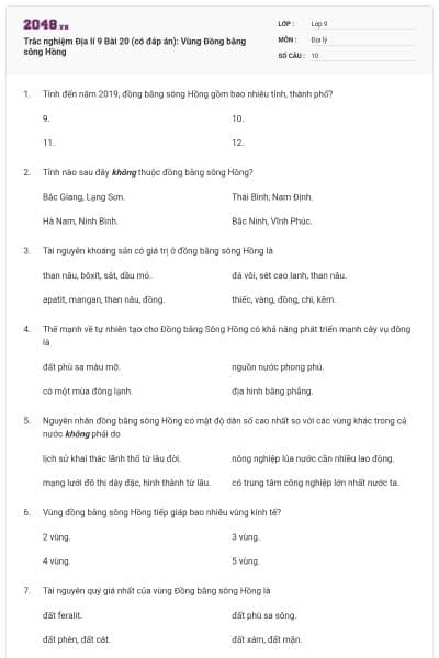 Trắc nghiệm Địa lí 9 Bài 20 (có đáp án): Vùng Đồng bằng sông Hồng