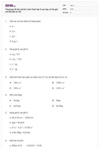 Tổng hợp đề thi cuối kì I môn Toán lớp 5 cực hay, có lời giải chi tiết (Đề số 18)
