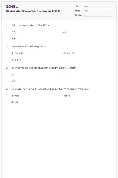 Đề kháo sát chất lượng Toán 3 cực hay lần 1 (Đề 1)