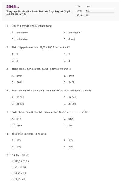 Tổng hợp đề thi cuối kì I môn Toán lớp 5 cực hay, có lời giải chi tiết (Đề số 19)