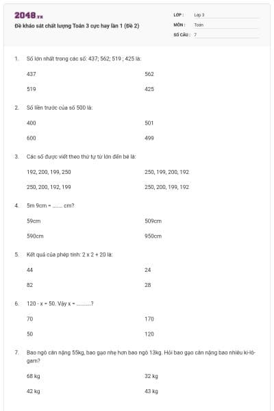 Đề kháo sát chất lượng Toán 3 cực hay lần 1 (Đề 2)