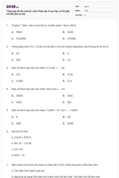 Tổng hợp đề thi cuối kì I môn Toán lớp 5 cực hay, có lời giải chi tiết (Đề số 20)