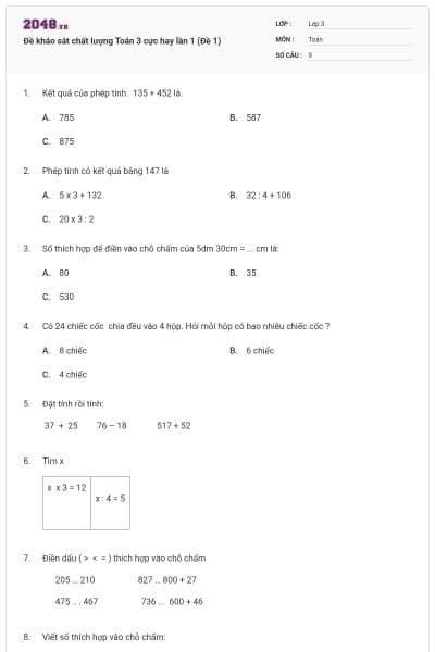 Đề kháo sát chất lượng Toán 3 cực hay lần 1 (Đề 1)