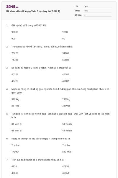 Đề kháo sát chất lượng Toán 3 cực hay lần 2 (Đề 1)