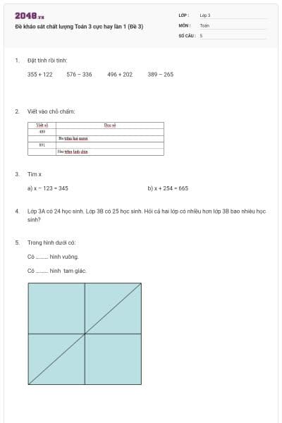 Đề kháo sát chất lượng Toán 3 cực hay lần 1 (Đề 3)