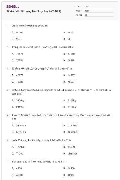 Đề kháo sát chất lượng Toán 3 cực hay lần 2 (Đề 1)