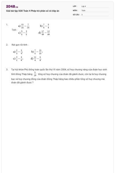 Giải bài tập SGK Toán 4 Phép trừ phân số có đáp án