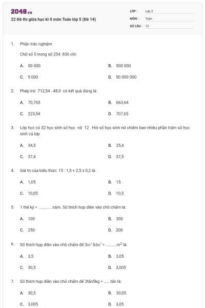 22 Đề thi giữa học kì II môn Toán lớp 5 (Đề 14)