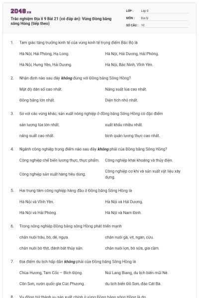 Trắc nghiệm Địa lí 9 Bài 21 (có đáp án): Vùng Đồng bằng sông Hồng (tiếp theo)