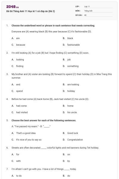Đề thi Tiếng Anh 11 Học kì 1 có đáp án (Đề 2)