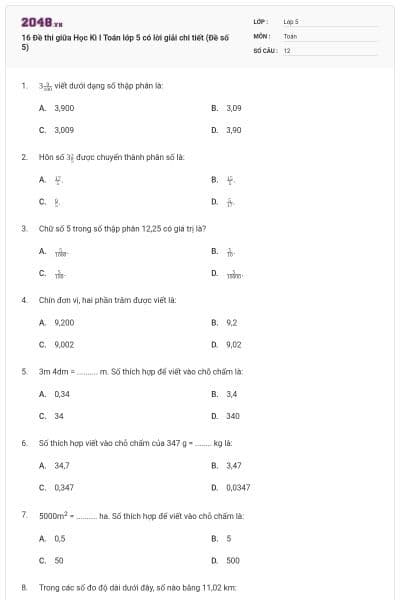 16 Đề thi giữa Học Kì I Toán lớp 5 có lời giải chi tiết (Đề số 5)