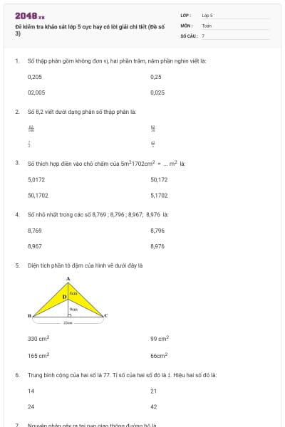 Đề kiểm tra khảo sát lớp 5 cực hay có lời giải chi tiết (Đề số 3)
