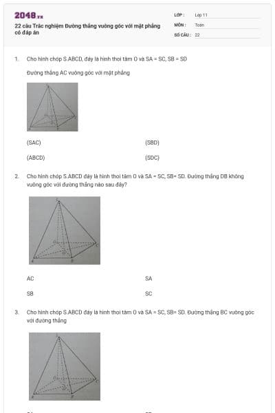 22 câu Trắc nghiệm Đường thẳng vuông góc với mặt phẳng có đáp án