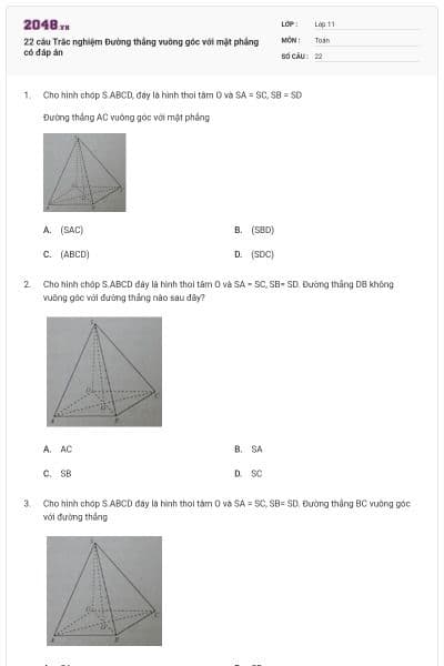 22 câu Trắc nghiệm Đường thẳng vuông góc với mặt phẳng có đáp án