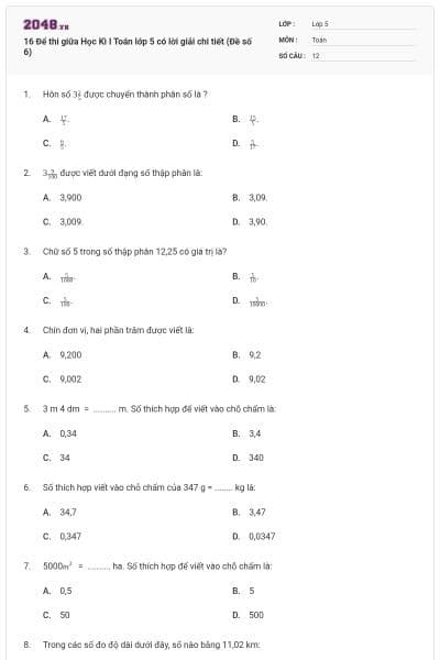 16 Để thi giữa Học Kì I Toán lớp 5 có lời giải chi tiết (Đề số 6)