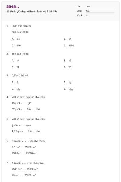 22 Đề thi giữa học kì II môn Toán lớp 5 (Đề 15)