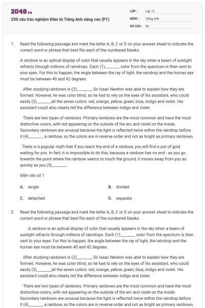 250 câu trắc nghiệm Điền từ Tiếng Anh nâng cao (P1)