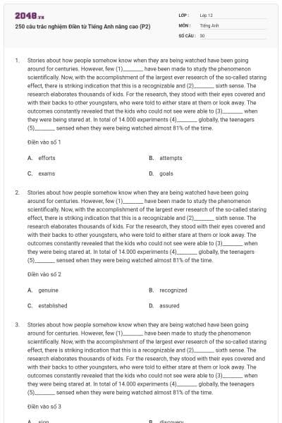 250 câu trắc nghiệm Điền từ Tiếng Anh nâng cao (P2)