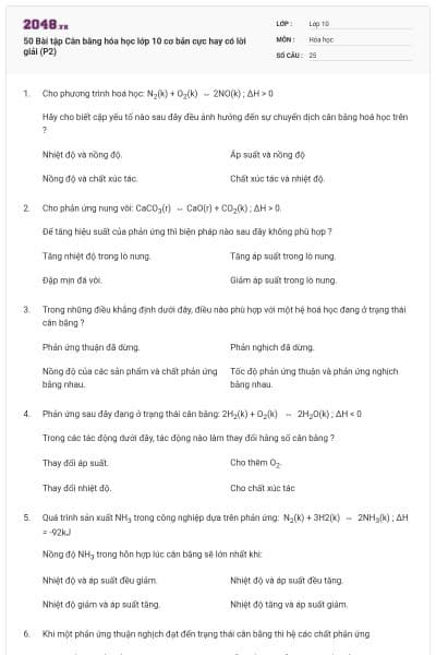 50 Bài tập Cân bằng hóa học lớp 10 cơ bản cực hay có lời giải (P2)