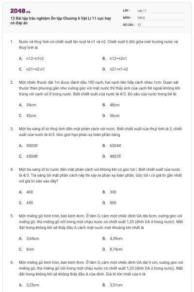 12 Bài tập trắc nghiệm Ôn tập Chương 6 Vật Lí 11 cực hay có đáp án