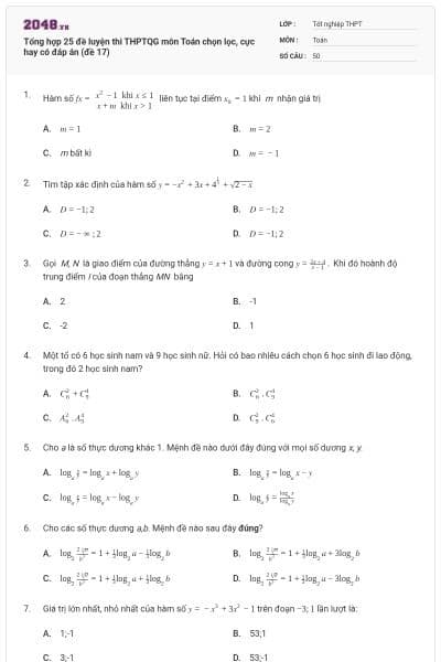 Tổng hợp 25 đề luyện thi THPTQG môn Toán chọn lọc, cực hay có đáp án (đề 17)