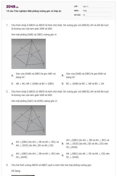 14 câu Trắc nghiệm Mặt phẳng vuông góc có đáp án