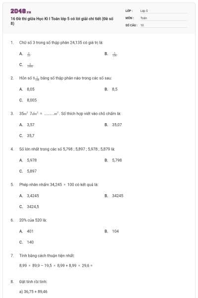 16 Đề thi giữa Học Kì I Toán lớp 5 có lời giải chi tiết (Đề số 8)