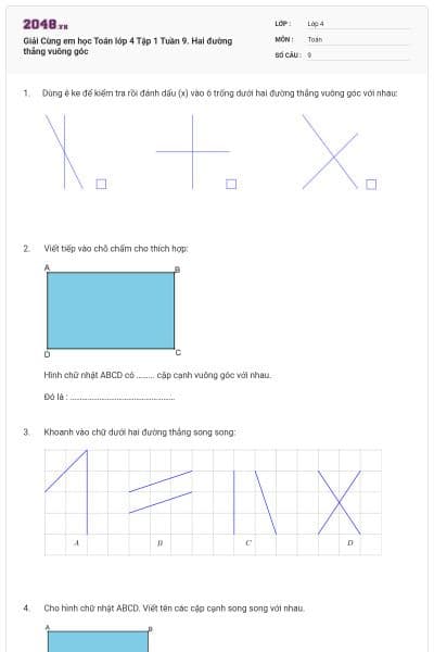 Giải Cùng em học Toán lớp 4 Tập 1 Tuần 9. Hai đường thẳng vuông góc