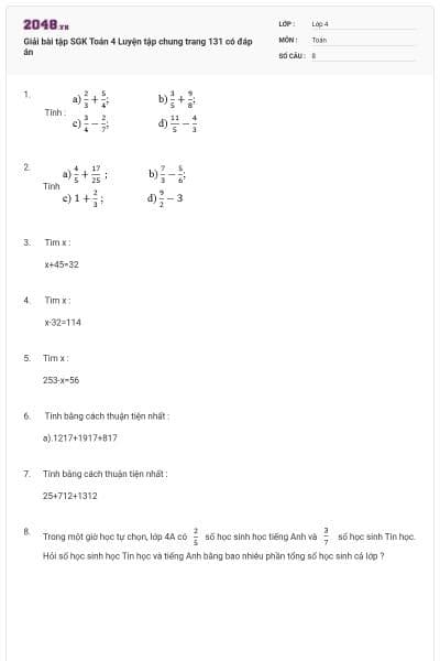 Giải bài tập SGK Toán 4 Luyện tập chung trang 131 có đáp án