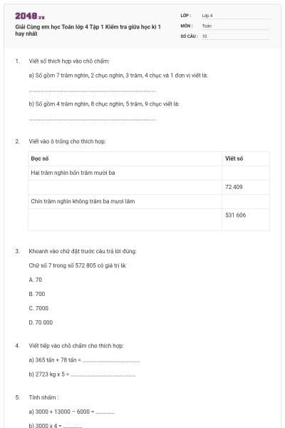 Giải Cùng em học Toán lớp 4 Tập 1 Kiểm tra giữa học kì 1 hay nhất