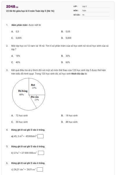 22 Đề thi giữa học kì II môn Toán lớp 5 (Đề 16)