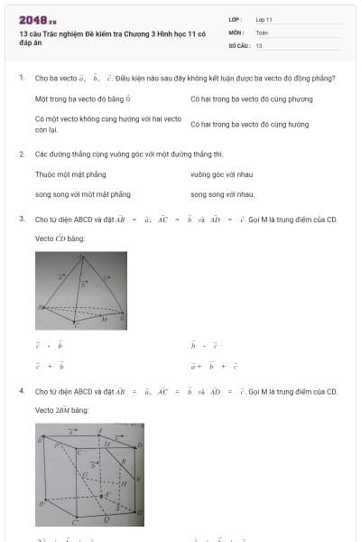 13 câu Trắc nghiệm Đề kiểm tra Chương 3 Hình học 11 có đáp án