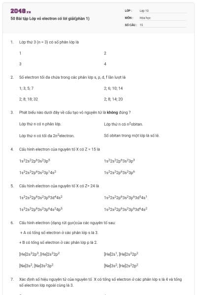 50 Bài tập Lớp vỏ electron có lời giải(phần 1)