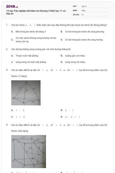 13 câu Trắc nghiệm Đề kiểm tra Chương 3 Hình học 11 có đáp án