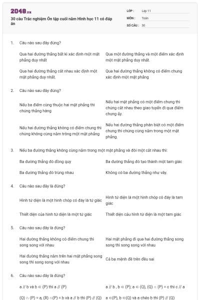 30 câu Trắc nghiệm Ôn tập cuối năm Hình học 11 có đáp án