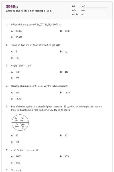 22 Đề thi giữa học kì II môn Toán lớp 5 (Đề 17)