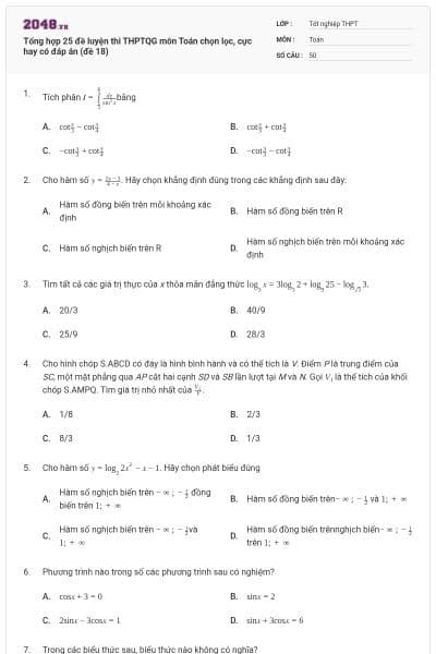 Tổng hợp 25 đề luyện thi THPTQG môn Toán chọn lọc, cực hay có đáp án (đề 18)