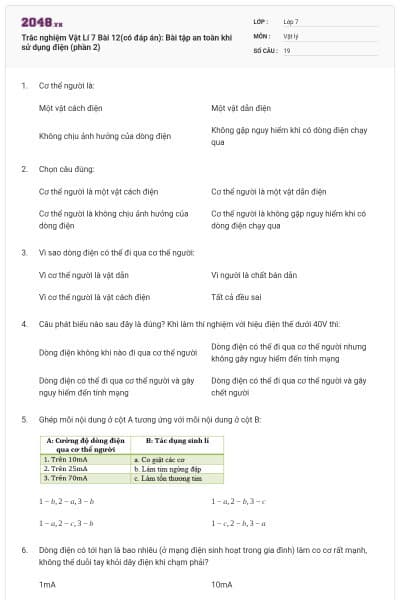 Trắc nghiệm Vật Lí 7 Bài 12(có đáp án): Bài tập an toàn khi sử dụng điện (phần 2)