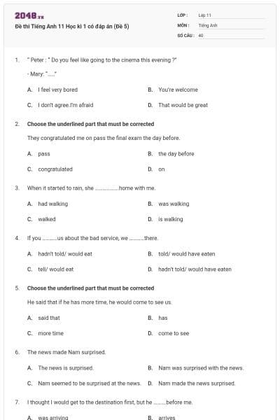 Đề thi Tiếng Anh 11 Học kì 1 có đáp án (Đề 5)